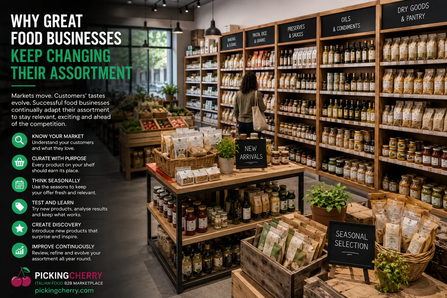 Independent food shop with a carefully curated Italian food assortment designed to attract customers through product selection and seasonal merchandising