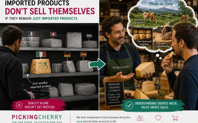 Imported Products Don't Sell Themselves If They Remain Just Imported Products 1 A customer overlooking imported cheese on a supermarket shelf before discovering its value through a retailer's explanation and tasting.