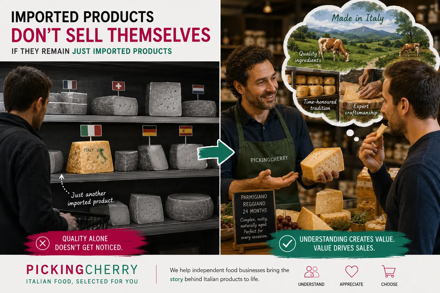 Imported Products Don't Sell Themselves If They Remain Just Imported Products 1 A customer overlooking imported cheese on a supermarket shelf before discovering its value through a retailer's explanation and tasting.