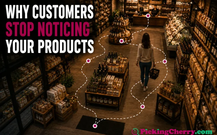 Why Customers Stop Noticing Your Products 1 customer's shopping journey in an independent food shop showing why customers stop noticing products and how retail merchandising improves product visibility